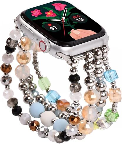 Beaded Bracelet Compatible with Apple Watch Band 38mm/40mm/41mm, Women FashionJewelry Elastic Stretch Band for iWatch Series 9/8/7/se/6/5/4/3/2/1, Replacement Strap Gold Silver black in Saudi Arabia