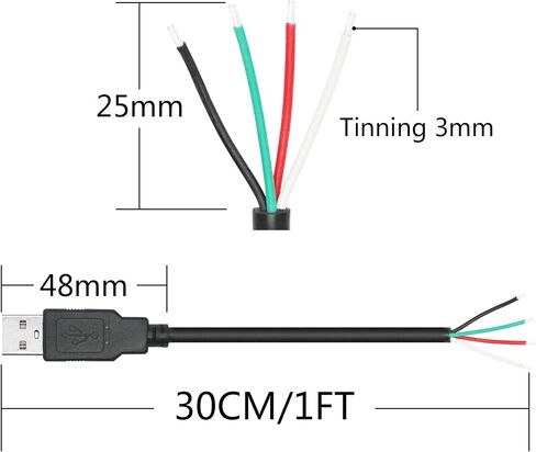 Short USB A Male to 4 Pin Bare Wire 11inch, 22AWG 5V/3A USB A Male Plug 4 Pin Pigtail Wire Open End Power and Data Cable, for USB Type A Equipment Installed or Replacement Repair DIY Cable in Kuwait