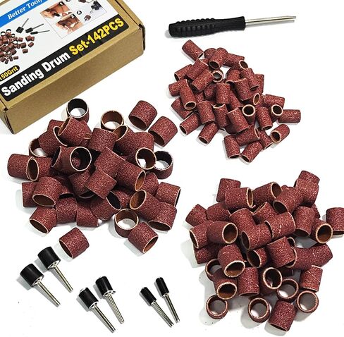 Asieg Tool Sanding Drum Kit 142Pcs 400Grit, 1/2" & 3/8" & 1/4" Diameter Drum Sanding Band with 3.17mm Shank Mandrels for Drill Dremel Rotary Tools Nails Drill in Saudi Arabia