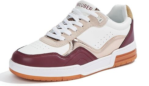 Niluber Women's Fashion Low Top Sneakers - White PU Leather Tennis Shoes-Lace Up Comfortable Casual Waking Shoes in Kuwait