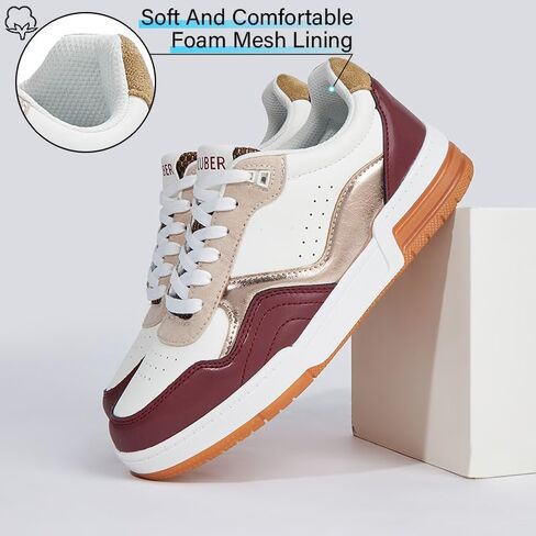 Niluber Women's Fashion Low Top Sneakers - White PU Leather Tennis Shoes-Lace Up Comfortable Casual Waking Shoes in Kuwait
