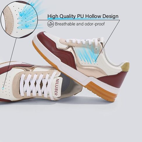 Niluber Women's Fashion Low Top Sneakers - White PU Leather Tennis Shoes-Lace Up Comfortable Casual Waking Shoes in Kuwait