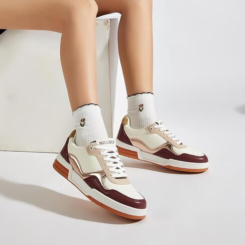 Niluber Women's Fashion Low Top Sneakers - White PU Leather Tennis Shoes-Lace Up Comfortable Casual Waking Shoes in Kuwait