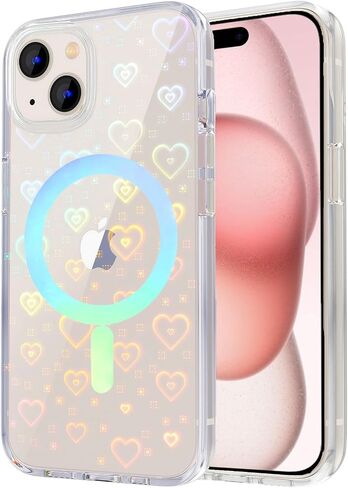 Tksafy Case Compatible iPhone 15 Case, Clear Glitter Cute Laser Holographic Love Heart Pattern for Women Girls, Anti-Yellow Hard PC Protective Phone Cover for iPhone 15 6.1-inch 2023, Rainbow Heart in Saudi Arabia