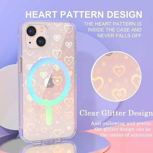Tksafy Case Compatible iPhone 15 Case, Clear Glitter Cute Laser Holographic Love Heart Pattern for Women Girls, Anti-Yellow Hard PC Protective Phone Cover for iPhone 15 6.1-inch 2023, Rainbow Heart in Saudi Arabia