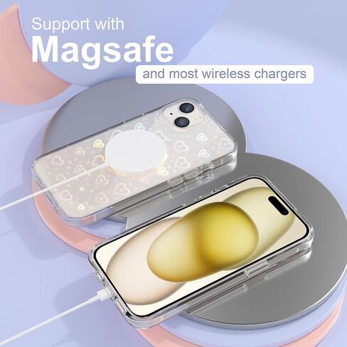 Tksafy Case Compatible iPhone 15 Case, Clear Glitter Cute Laser Holographic Love Heart Pattern for Women Girls, Anti-Yellow Hard PC Protective Phone Cover for iPhone 15 6.1-inch 2023, Rainbow Heart in Saudi Arabia