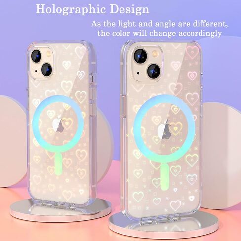 Tksafy Case Compatible iPhone 15 Case, Clear Glitter Cute Laser Holographic Love Heart Pattern for Women Girls, Anti-Yellow Hard PC Protective Phone Cover for iPhone 15 6.1-inch 2023, Rainbow Heart in Saudi Arabia