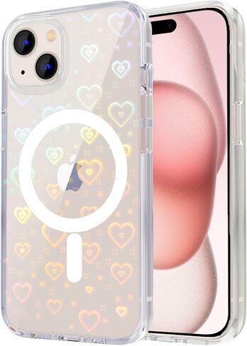 Tksafy Case Compatible iPhone 15 Case, Clear Glitter Cute Laser Holographic Love Heart Pattern for Women Girls, Anti-Yellow Hard PC Protective Phone Cover for iPhone 15 6.1-inch 2023, Rainbow Heart in Saudi Arabia