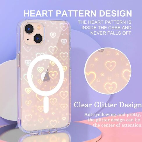 Tksafy Case Compatible iPhone 15 Case, Clear Glitter Cute Laser Holographic Love Heart Pattern for Women Girls, Anti-Yellow Hard PC Protective Phone Cover for iPhone 15 6.1-inch 2023, Rainbow Heart in Saudi Arabia