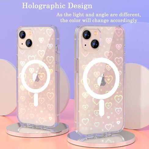 Tksafy Case Compatible iPhone 15 Case, Clear Glitter Cute Laser Holographic Love Heart Pattern for Women Girls, Anti-Yellow Hard PC Protective Phone Cover for iPhone 15 6.1-inch 2023, Rainbow Heart in Saudi Arabia