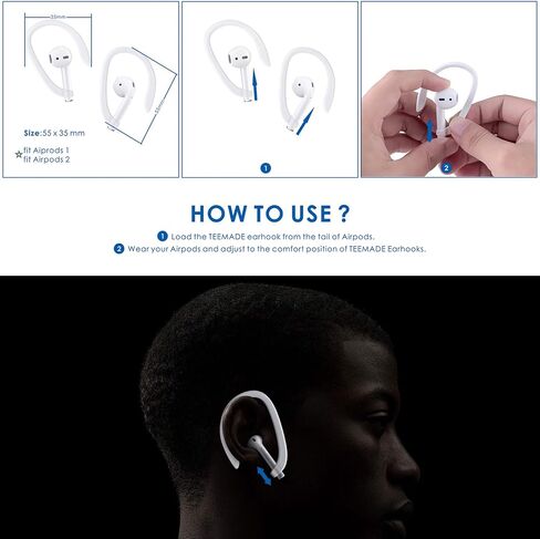 4 Pieces AirPods Ear Hooks Compatible with AirPods 1,2 and Pro, TEEMADE Sports Headset for AirPods 1,2 and Pro (White) in Saudi Arabia