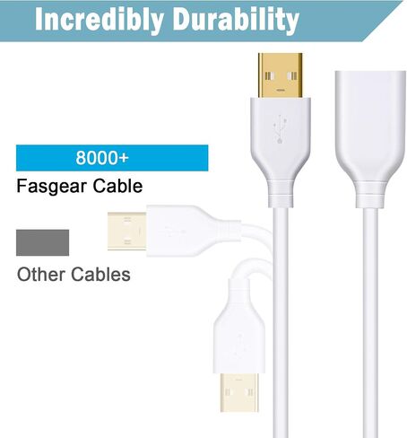 Fasgear USB تمديد كابل 2 حزمة 10Ft + 10Ft USB موسع الحبل USB 2.0 مشرق الأبيض نقل البيانات USB ذكر إلى أنثى تمديد الحبل مع منافذ USB لمحرك فلاش / القرص الصلب / الماوس / الطابعة / كاميرا ويب in Kuwait