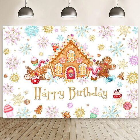 MEHOFOND 7x5 ft Christmas Gingerbread House Birthday Backdrop Winter Happy Birthday Photography Background Snowflake Candyland Merry Xmas Bday Party Decorations Cake Table Banner Photo Booth Props in Saudi Arabia