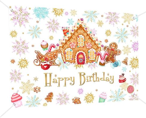 MEHOFOND 7x5 ft Christmas Gingerbread House Birthday Backdrop Winter Happy Birthday Photography Background Snowflake Candyland Merry Xmas Bday Party Decorations Cake Table Banner Photo Booth Props in Saudi Arabia
