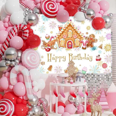 MEHOFOND 7x5 ft Christmas Gingerbread House Birthday Backdrop Winter Happy Birthday Photography Background Snowflake Candyland Merry Xmas Bday Party Decorations Cake Table Banner Photo Booth Props in Saudi Arabia