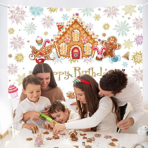 MEHOFOND 7x5 ft Christmas Gingerbread House Birthday Backdrop Winter Happy Birthday Photography Background Snowflake Candyland Merry Xmas Bday Party Decorations Cake Table Banner Photo Booth Props in Saudi Arabia