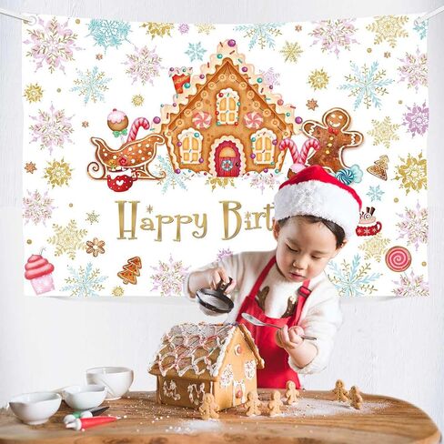 MEHOFOND 7x5 ft Christmas Gingerbread House Birthday Backdrop Winter Happy Birthday Photography Background Snowflake Candyland Merry Xmas Bday Party Decorations Cake Table Banner Photo Booth Props in Saudi Arabia