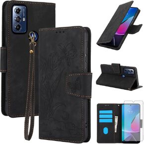 Asuwish Phone Case for Motorola Moto G Pure 2021 Wallet Cover with Tempered Glass Screen Protector Flip Wrist Strap Credit Card Holder Slot Stand Cell MotoGPure MotoG GPure XT2163DL 6.5 Women Purple