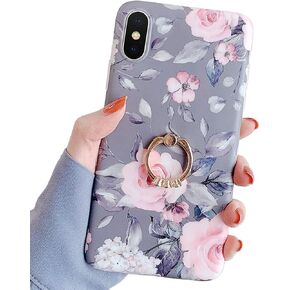 Qokey Compatible with iPhone XS Max Case,Flower Case Cute Fashion for Men Women Girls with 360 Degree Rotating Ring Kickstand Soft TPU Shockproof Cover Designed for iPhone XS Max 6.5 Inch Brown Floral