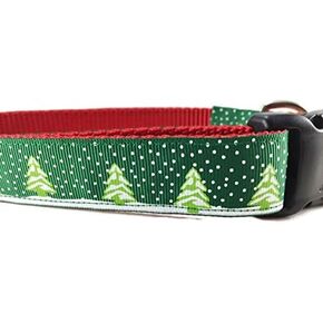 Christmas Dog Collar, Caninedesign, Trees, Red, Green, 1 inch Wide, Adjustable, Nylon, Medium and Large (Green Trees, Large 15-22")