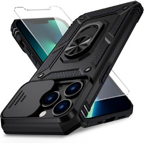 Weycolor for iPhone 13 Pro Case with Camera Lens Cover, HD Screen Protector, 10 FT Military Grade Drop Protection, Magnetic Ring Holder Kickstand Protective Phone Case for iPhone 13 Pro, Black