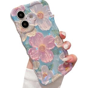 Shinymore for iPhone 16 Case,Soft Retro Oil Painting Flower Pattern Cute Pretty Shiny Wave Camera Protector Case Sparkly Floral Cover Case for Women Girls -Blue