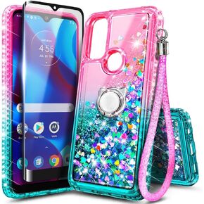 NZND Case for Motorola Moto G Pure/Moto G Play 2023/ Power 2022 with Tempered Glass Screen Protector, Ring Holder/Wrist Strap, Glitter Floating Liquid Waterfall Girls Cute Phone Case (Pink/Aqua)