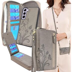 Lacass for Samsung Galaxy S23+ Plus 5G 6.6 inch 2023 Crossbody Dual Zipper Detachable Magnetic Leather Wallet Case Cover Wristlets Wrist Strap 13 Card Slots Money Pocket(Floral Dark Purple)