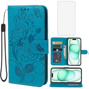 Case for iPhone 15 Plus Case 6.7", Apple 15 Plus Wallet Case with Tempered Glass Screen Protector, Flower Leather Flip Credit Card Holder Stand Phone Cover Cases for iPhone 15 Plus Brown