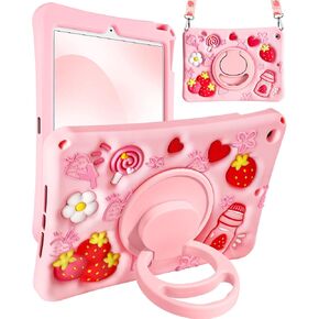 Boaretiu for iPad 10th Generation Case 2022 10.9 Inch - Soft Silicone Cute Cartoon 10th Gen for iPad Case with Shoulder Strap & Rotating Stand 3D Kawaii for Women Girls Girly Kids Teens, Strawberry