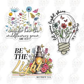 3PCS - Let Your Light Shine, Matthew 5:16 - Consider How The Wildflowers Grow Luke - Be The Light Matthew 5:14 Christian Faith, Bible Verse Waterproof Vinyl Sticker for Laptop Water Bottle (3Inches)
