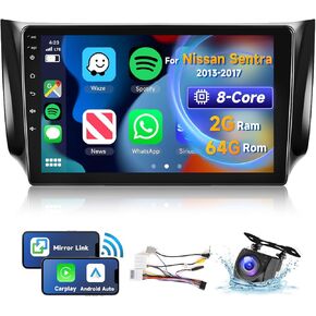 [8 CORE 2G+64G] Car Radio for Nissan Sentra 2013-2017 with Wireless Carplay/Android Auto, 10.1 Inch Android 13 IPS Touch Screen Car Stereo, Bluetooth, GPS, WiFi, SWC, DSP + HD Backup Camera