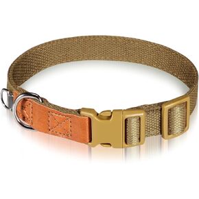 Adjustable Poly-Cotton Dog Collar with Leather Accents, Durable D-Ring, and Premium Plastic Buckle: Comfortable, Stylish, and Secure Perfect for Small, Medium, & Large Dogs Brown L