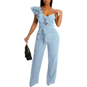 kaimimei Womens Casual Jumpsuits V-Neck Sleeveless Ruffle Backless Belted Wide Leg Pant Sexy Romper Party Clubwear