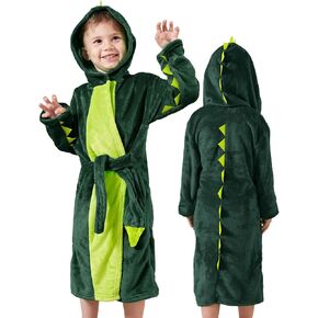 LOLANTA Kids Robe Boys Girls Dinosaur Plush Fleece Hooded Bathrobe with Belt Animal Soft Sleepwear
