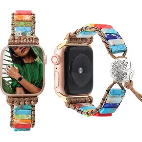 Leather Double Wrap band Compatible with Apple Watch Band Bracelet 38mm/40mm/41mm 42mm/44mm/45mm/49mm Women, Boho Braided Jasper Stone Watch Strap for iWatch Band Series Ultra 8 7 6 5 4 3 2 1 SE