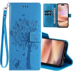 Wallet Case for iPhone 16 Pro Max with Card Holder,PU Leather Kickstand Women Men Embossed Tree Cat Case,Wrist Strap Flip Folio Multiple Slots Protect Phone Case for iPhone 16 Pro Max Light Purple