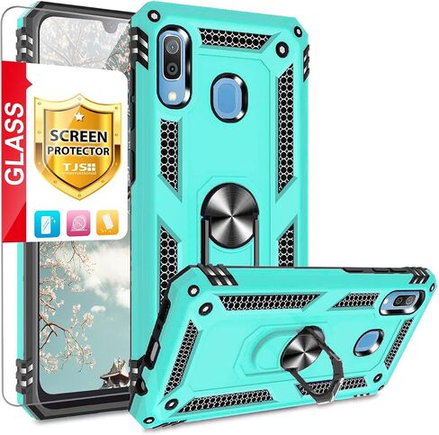 TJS Compatible with Samsung Galaxy A20 Case, Galaxy A30 Case, with Tempered Glass Screen Protector Metal Ring Magnetic Support Kickstand Heavy Duty Drop Protector Phone Case (Black) in Saudi Arabia