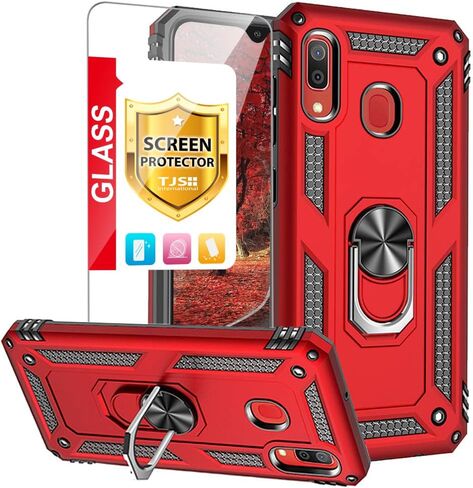 TJS Compatible with Samsung Galaxy A20 Case, Galaxy A30 Case, with Tempered Glass Screen Protector Metal Ring Magnetic Support Kickstand Heavy Duty Drop Protector Phone Case (Black) in Saudi Arabia