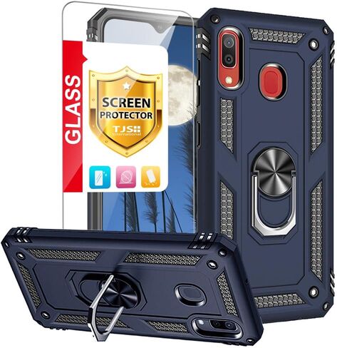 TJS Compatible with Samsung Galaxy A20 Case, Galaxy A30 Case, with Tempered Glass Screen Protector Metal Ring Magnetic Support Kickstand Heavy Duty Drop Protector Phone Case (Black) in Saudi Arabia