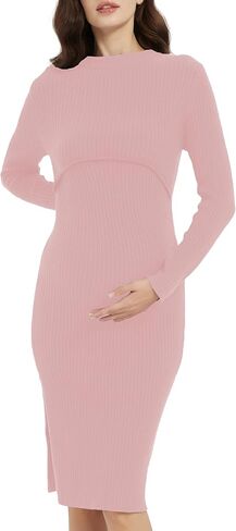 Womens Ripe Maternity Nella Rib Nursing Knit Dress 2024 Solid Fitted Long Sleeve Crew Neck Pregnancy Fall Sweater in Saudi Arabia