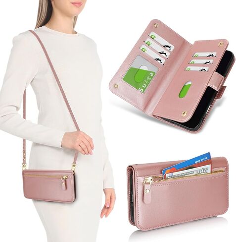 for iPhone 16 Wallet Case for Women,iPhone 16 Case with Strap Crossbody Lanyard,Leather Shockproof Card Holder Stand Zipper Pocket Flip Phone Case-Rose Gold in Kuwait