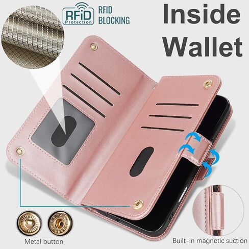 for iPhone 16 Wallet Case for Women,iPhone 16 Case with Strap Crossbody Lanyard,Leather Shockproof Card Holder Stand Zipper Pocket Flip Phone Case-Rose Gold in Kuwait