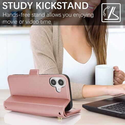 for iPhone 16 Wallet Case for Women,iPhone 16 Case with Strap Crossbody Lanyard,Leather Shockproof Card Holder Stand Zipper Pocket Flip Phone Case-Rose Gold in Kuwait