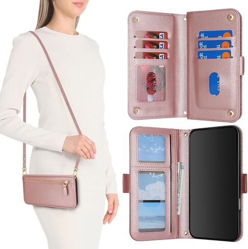 for iPhone 16 Wallet Case for Women,iPhone 16 Case with Strap Crossbody Lanyard,Leather Shockproof Card Holder Stand Zipper Pocket Flip Phone Case-Rose Gold in Kuwait