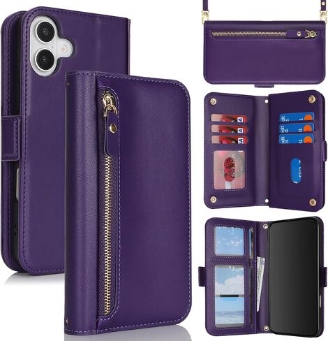 for iPhone 16 Wallet Case for Women,iPhone 16 Case with Strap Crossbody Lanyard,Leather Shockproof Card Holder Stand Zipper Pocket Flip Phone Case-Rose Gold in Kuwait