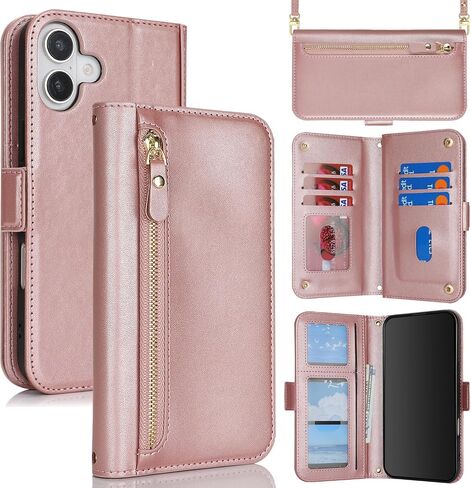 for iPhone 16 Wallet Case for Women,iPhone 16 Case with Strap Crossbody Lanyard,Leather Shockproof Card Holder Stand Zipper Pocket Flip Phone Case-Rose Gold in Kuwait