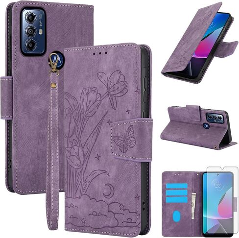 Asuwish Phone Case for Motorola Moto G Pure 2021 Wallet Cover with Tempered Glass Screen Protector Flip Wrist Strap Credit Card Holder Slot Stand Cell MotoGPure MotoG GPure XT2163DL 6.5 Women Purple in Saudi Arabia