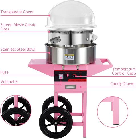 Electric Cotton Candy Machine With Bubble Cover - 1000W Commercial Floss Maker, Stainless Steel Bowl, Sugar Scoop, Drawer, Pink, Ideal for Home & Parties,Pink(with cover) in Saudi Arabia