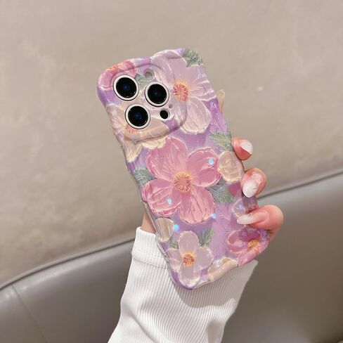 Shinymore for iPhone 16 Case,Soft Retro Oil Painting Flower Pattern Cute Pretty Shiny Wave Camera Protector Case Sparkly Floral Cover Case for Women Girls -Blue in Saudi Arabia